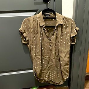 Madewell collared shirt sleeve shirt, forest green with white polka dots, XS